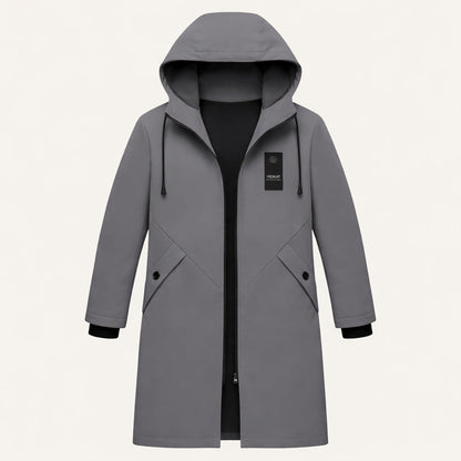 Men's Long Hooded Winter Coat with Zip Closure and Adjustable Hood