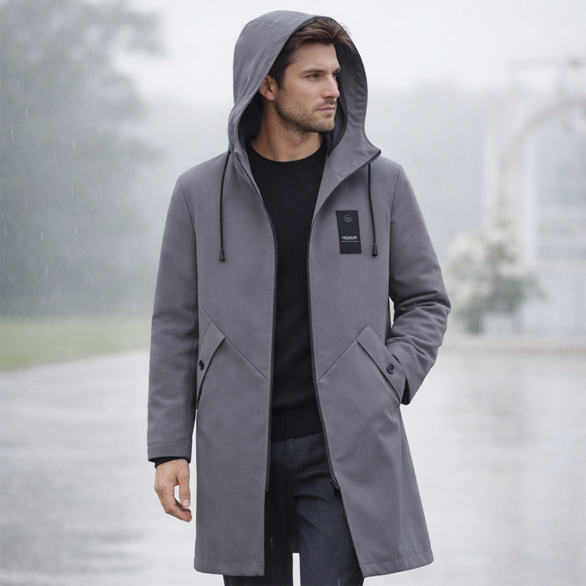 Men's Long Hooded Winter Coat with Zip Closure and Adjustable Hood