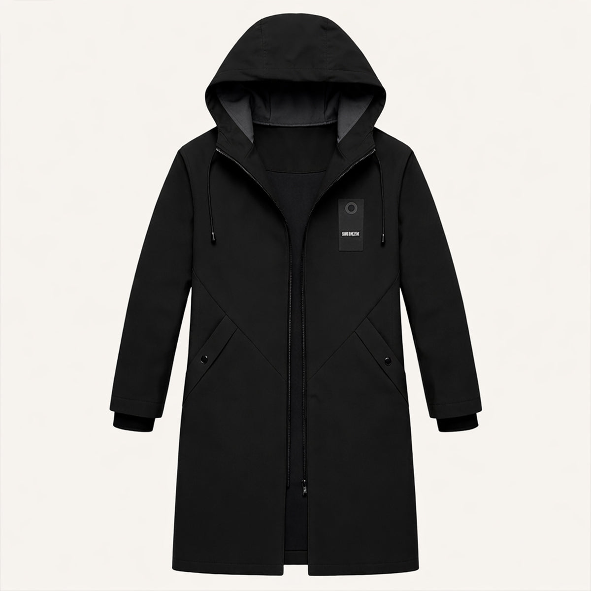 Men's Long Hooded Winter Coat with Zip Closure and Adjustable Hood