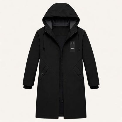 Men's Long Hooded Winter Coat with Zip Closure and Adjustable Hood