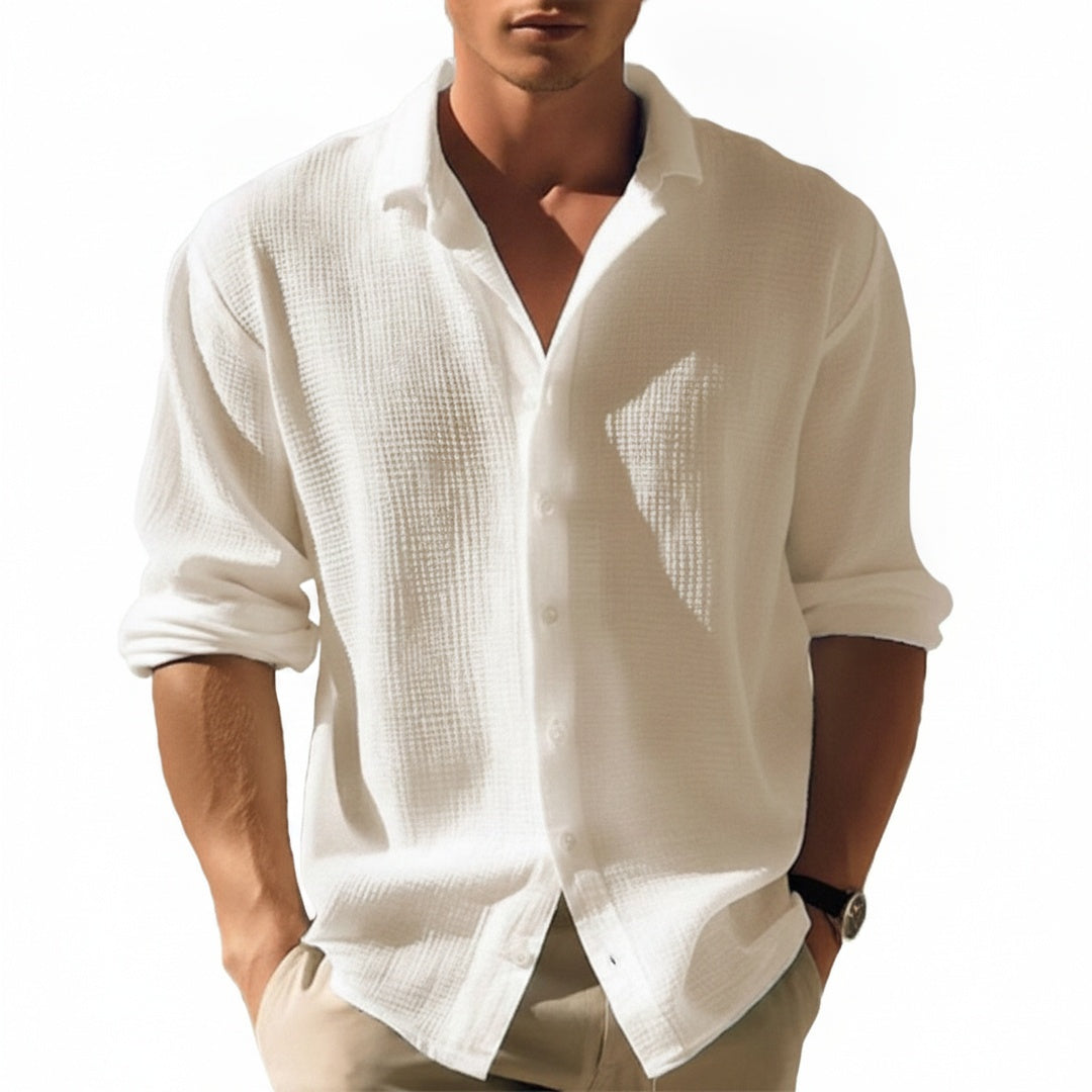Men's Long Sleeve Button-Down Shirt with Spread Collar and Relaxed Fit