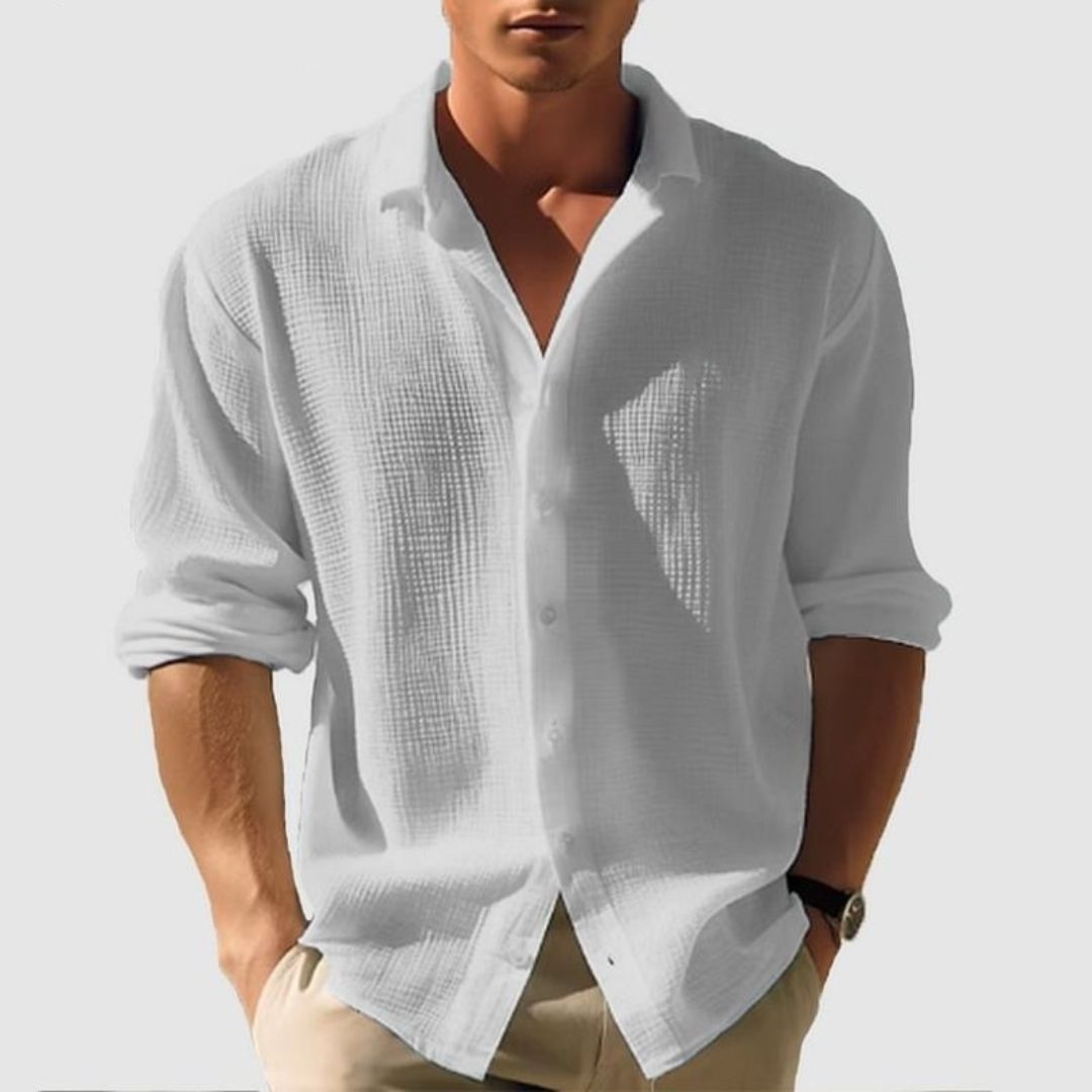 Men's Long Sleeve Button-Down Shirt with Spread Collar and Relaxed Fit