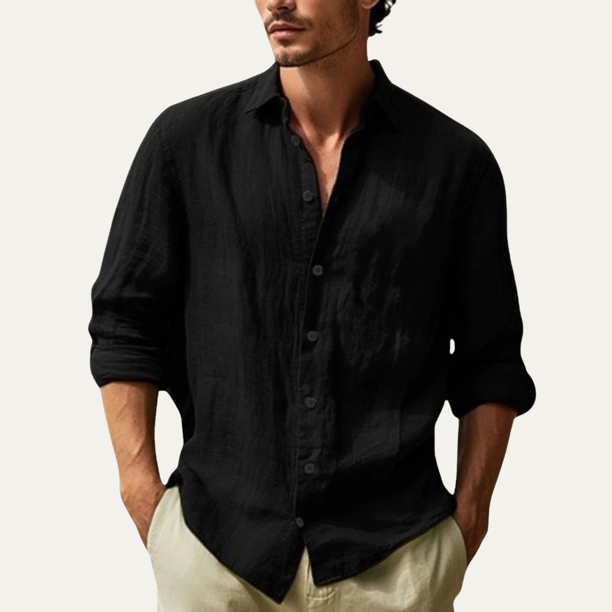 Men's Long Sleeve Button-Down Shirt with Spread Collar and Relaxed Fit