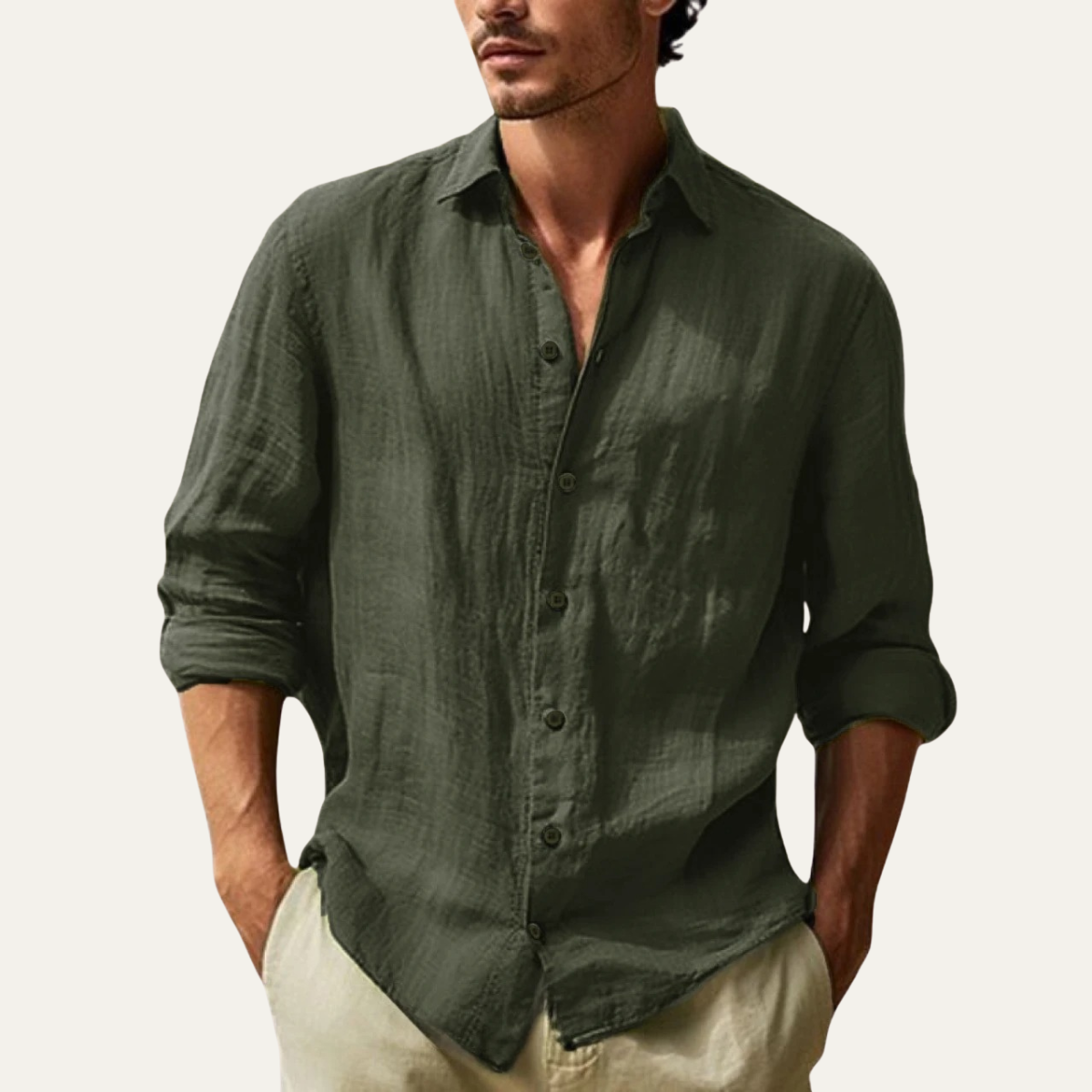 Men's Long Sleeve Button-Down Shirt with Spread Collar and Relaxed Fit