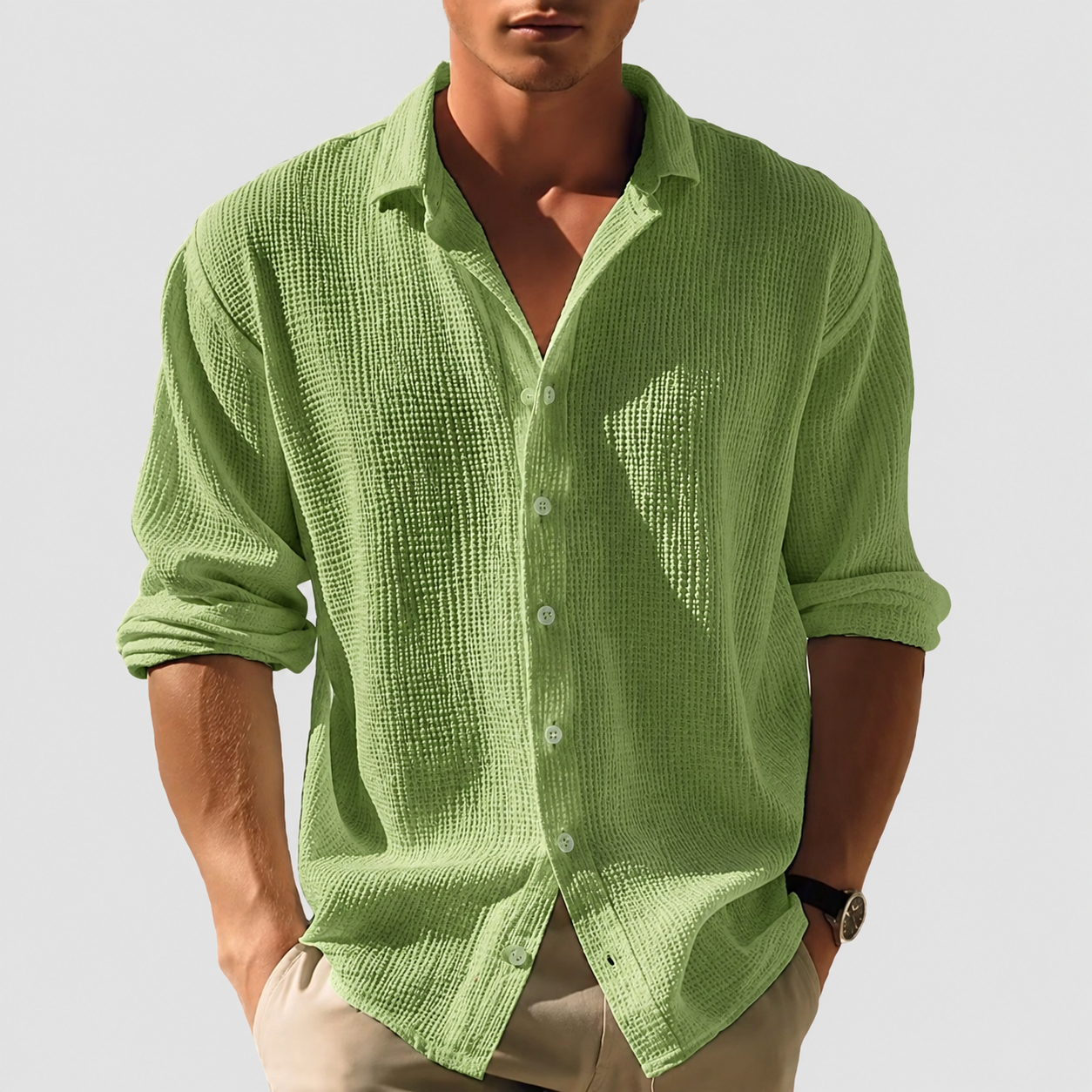 Men's Long Sleeve Button-Down Shirt with Spread Collar and Relaxed Fit