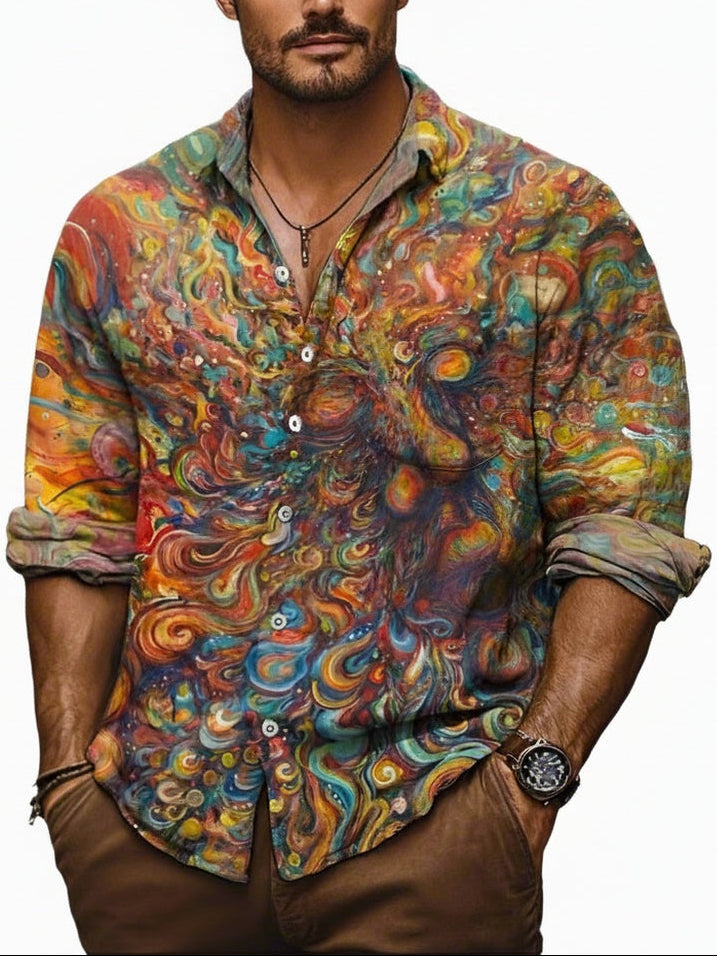 Men's Long Sleeve Button-Up Shirt with Abstract Art Print