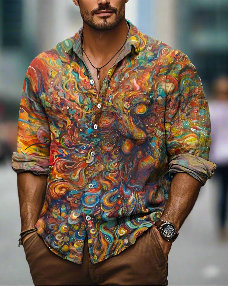 Men's Long Sleeve Button-Up Shirt with Abstract Art Print