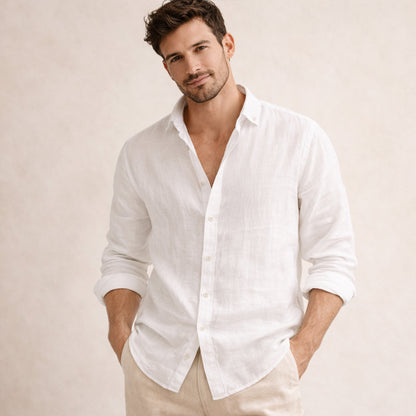 Men's Long Sleeve Button-Up Shirt with Spread Collar and Relaxed Fit