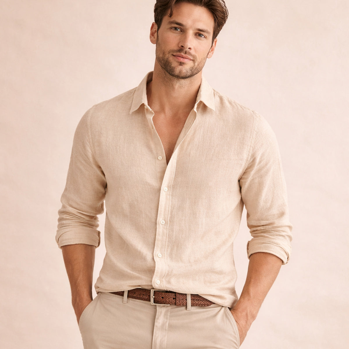 Men's Long Sleeve Button-Up Shirt with Spread Collar and Relaxed Fit