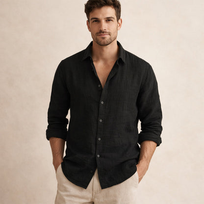 Men's Long Sleeve Button-Up Shirt with Spread Collar and Relaxed Fit