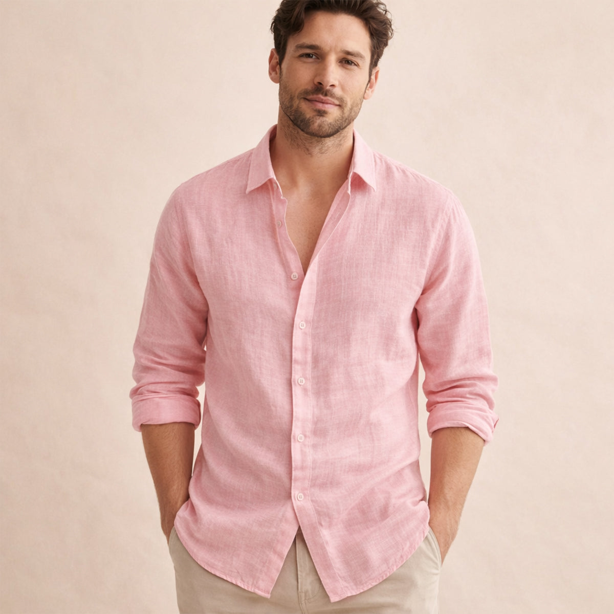 Men's Long Sleeve Button-Up Shirt with Spread Collar and Relaxed Fit
