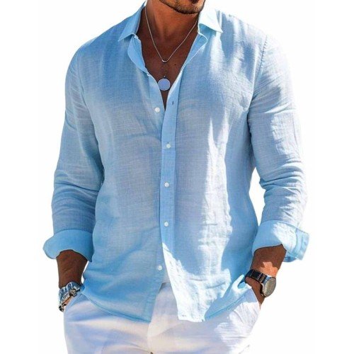 Men's Long Sleeve Button-Up Shirt with Spread Collar and Relaxed Fit