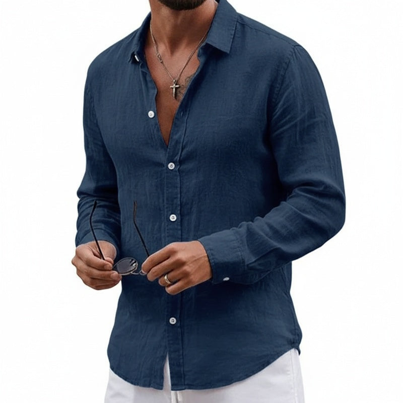 Men's Long Sleeve Casual Beach Shirt with Button Front and Classic Collar