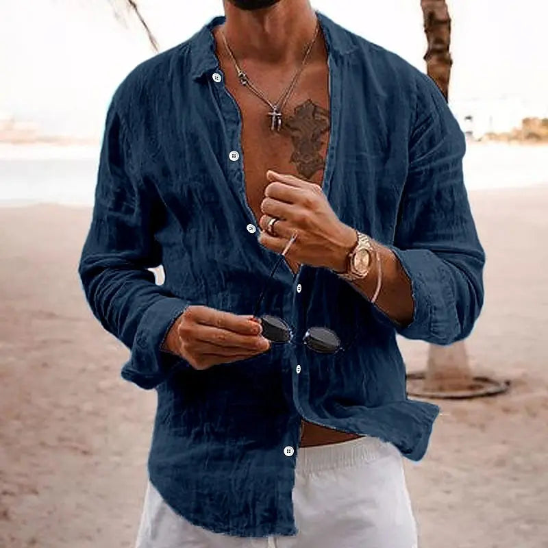 Men's Long Sleeve Casual Beach Shirt with Button Front and Classic Collar