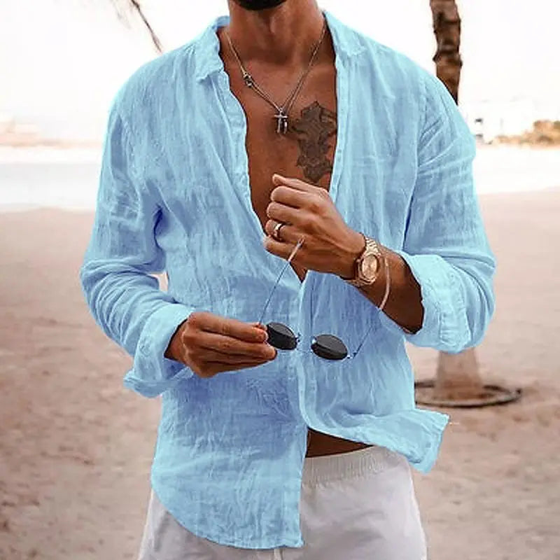 Men's Long Sleeve Casual Beach Shirt with Button Front and Classic Collar
