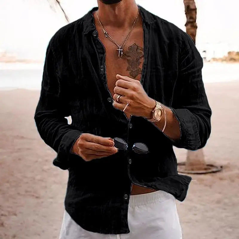 Men's Long Sleeve Casual Beach Shirt with Button Front and Classic Collar