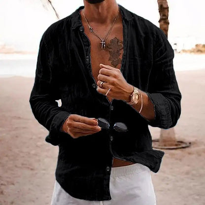 Men's Long Sleeve Casual Beach Shirt with Button Front and Classic Collar
