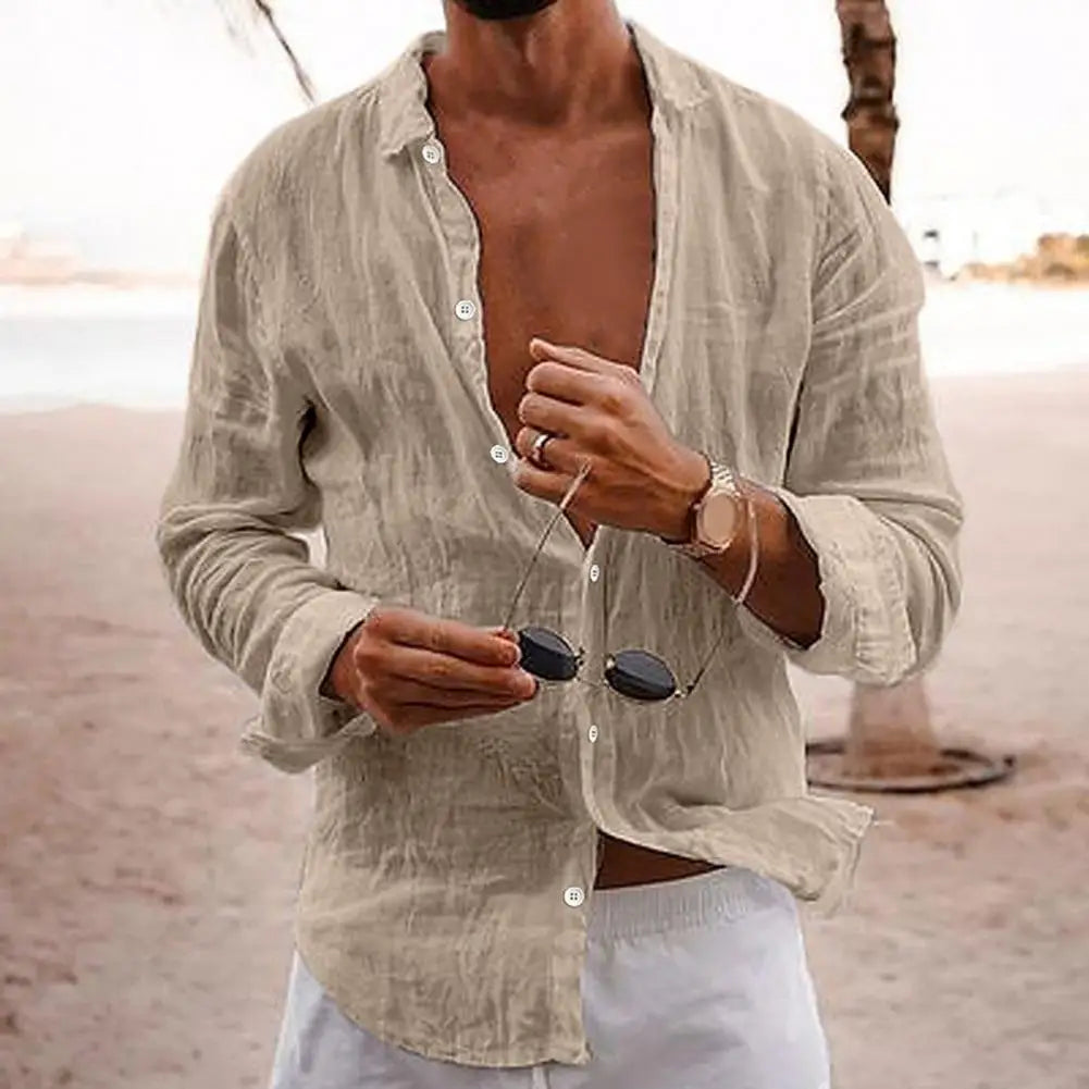 Men's Long Sleeve Casual Beach Shirt with Button Front and Classic Collar