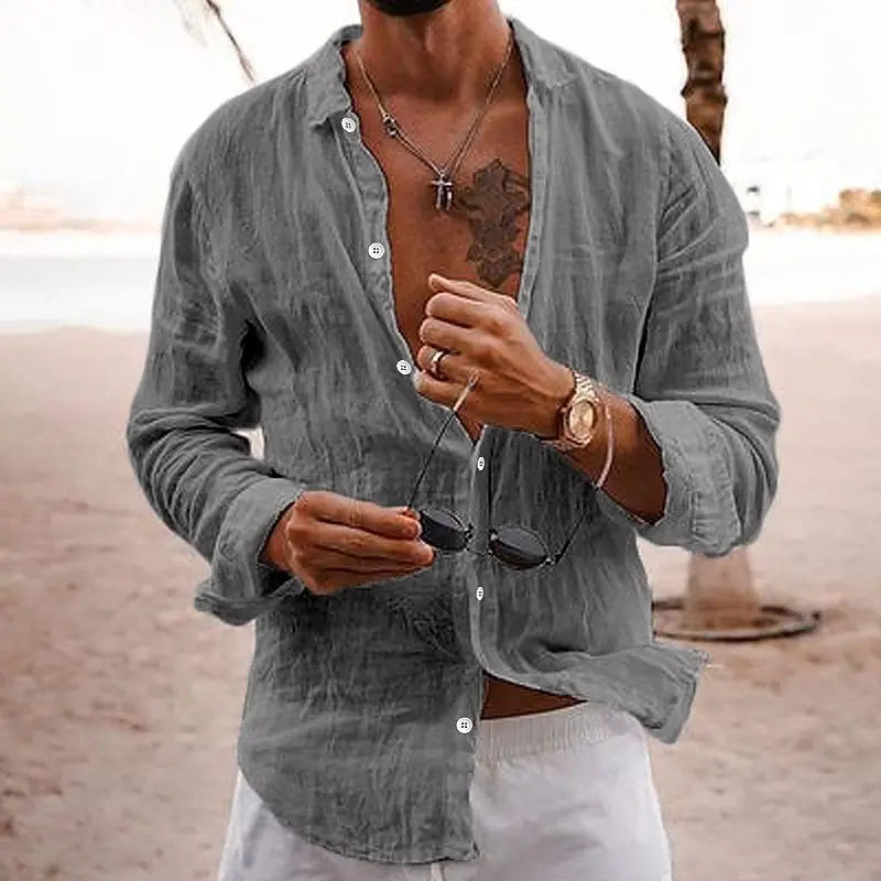 Men's Long Sleeve Casual Beach Shirt with Button Front and Classic Collar