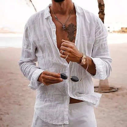 Men's Long Sleeve Casual Beach Shirt with Button Front and Classic Collar