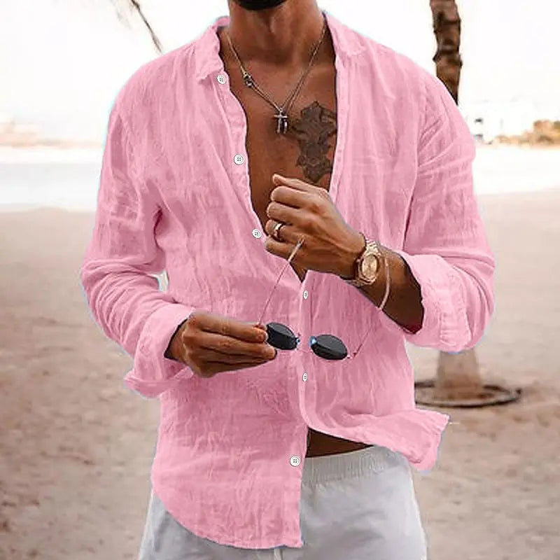 Men's Long Sleeve Casual Beach Shirt with Button Front and Classic Collar