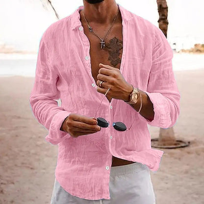Men's Long Sleeve Casual Beach Shirt with Button Front and Classic Collar