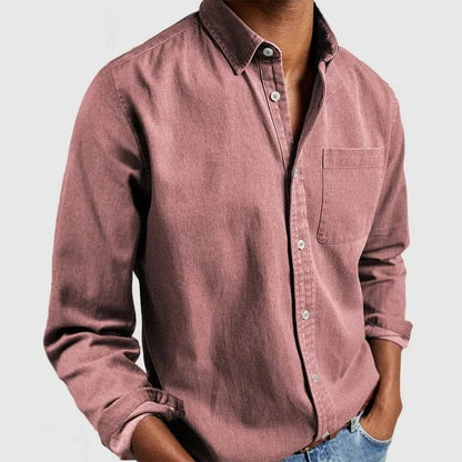 Men's Long Sleeve Casual Shirt with Spread Collar and Chest Pocket