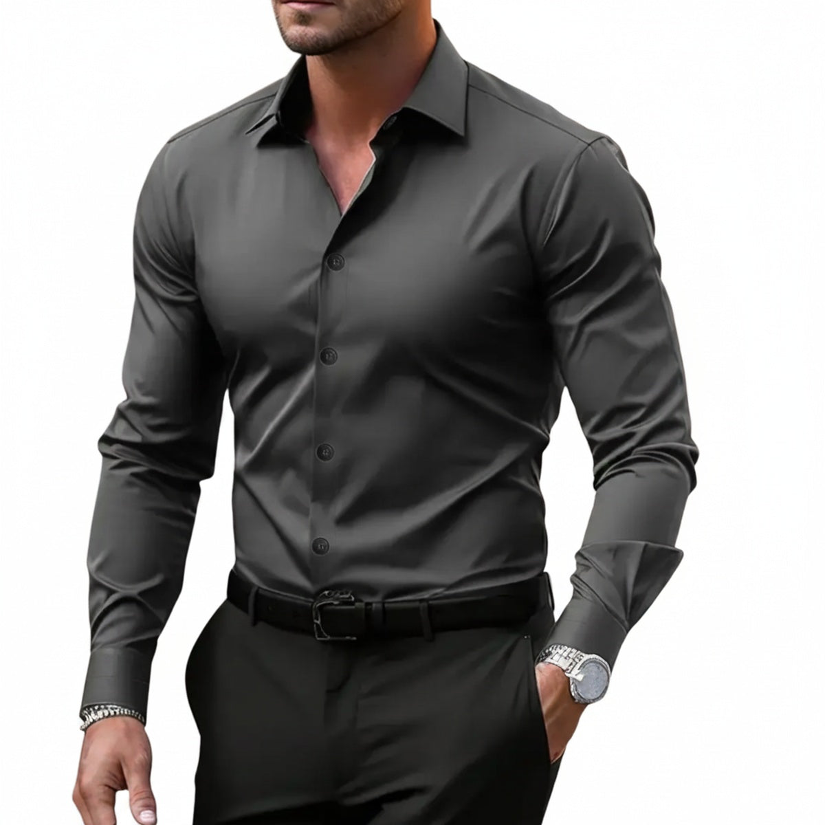 Men's Long Sleeve Dress Shirt Slim Fit with Spread Collar