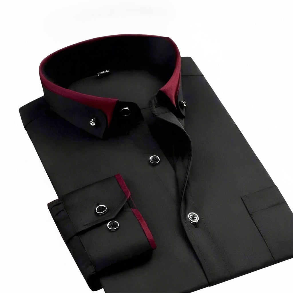 Men's Long Sleeve Dress Shirt with Button-Down Collar and Contrast Trim
