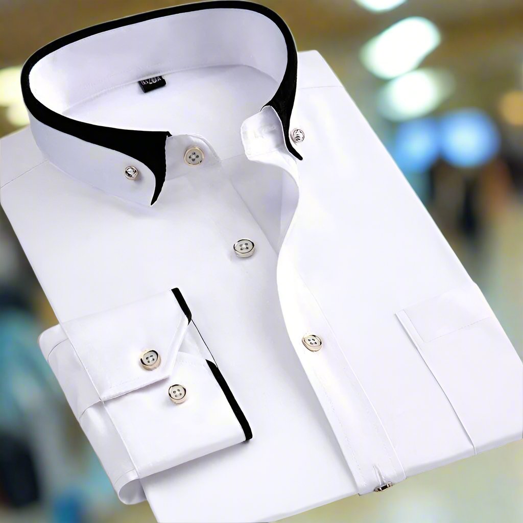 Men's Long Sleeve Dress Shirt with Button-Down Collar and Contrast Trim
