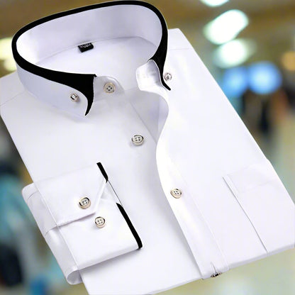 Men's Long Sleeve Dress Shirt with Button-Down Collar and Contrast Trim