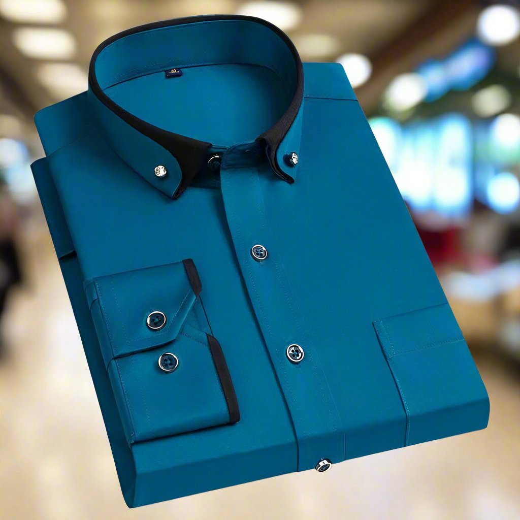 Men's Long Sleeve Dress Shirt with Button-Down Collar and Contrast Trim