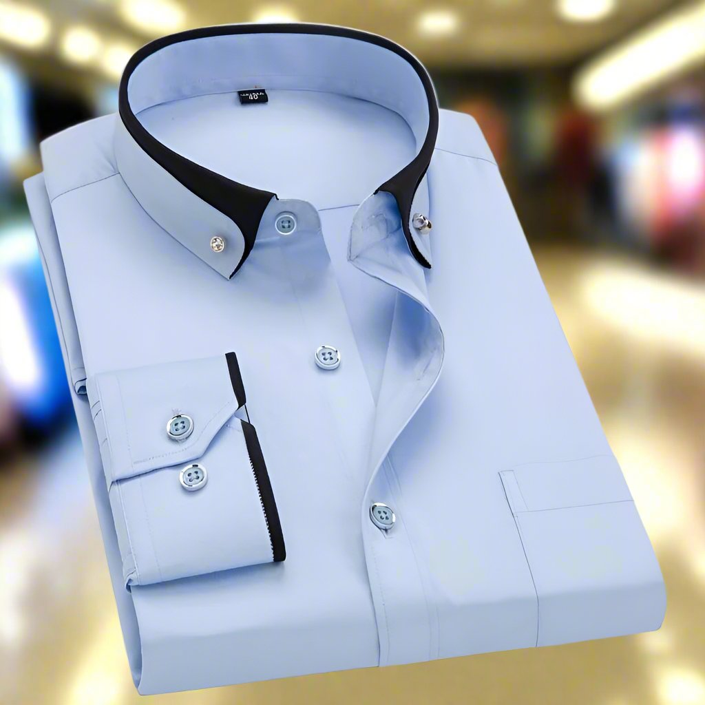 Men's Long Sleeve Dress Shirt with Button-Down Collar and Contrast Trim