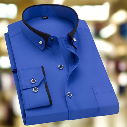 Men's Long Sleeve Dress Shirt with Button-Down Collar and Contrast Trim