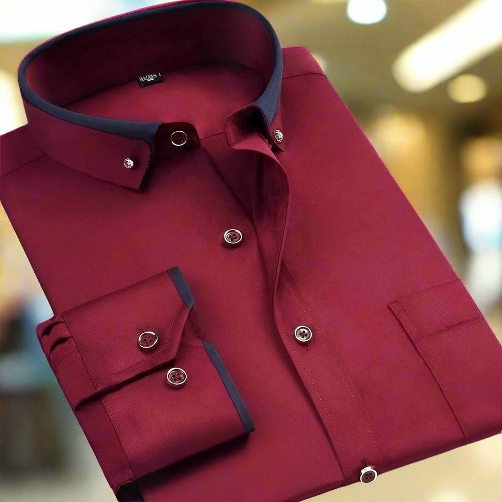 Men's Long Sleeve Dress Shirt with Button-Down Collar and Contrast Trim