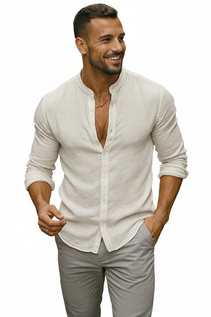 Men's Long Sleeve Grandad Collar Shirt with Button Placket