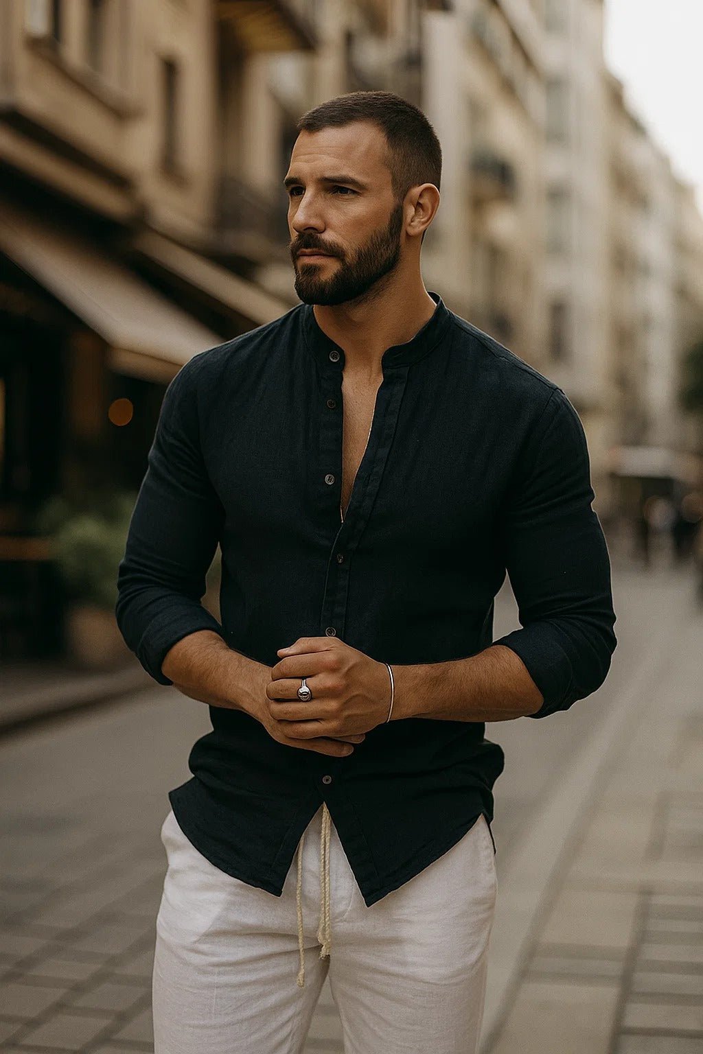 Men's Long Sleeve Grandad Collar Shirt with Button Placket