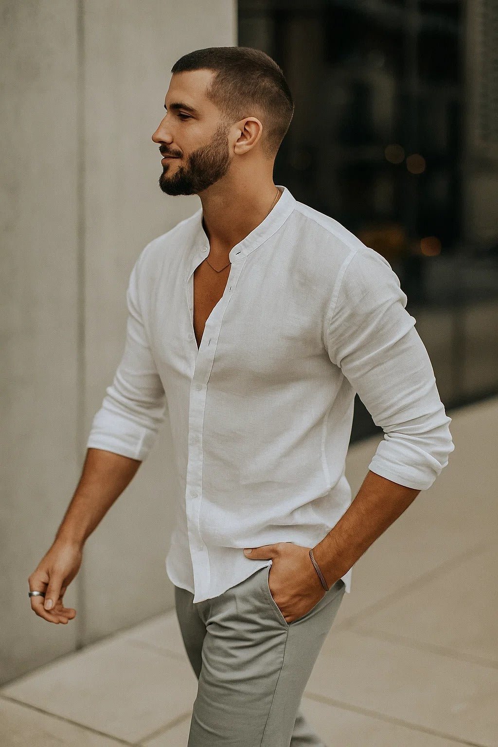 Men's Long Sleeve Grandad Collar Shirt with Button Placket