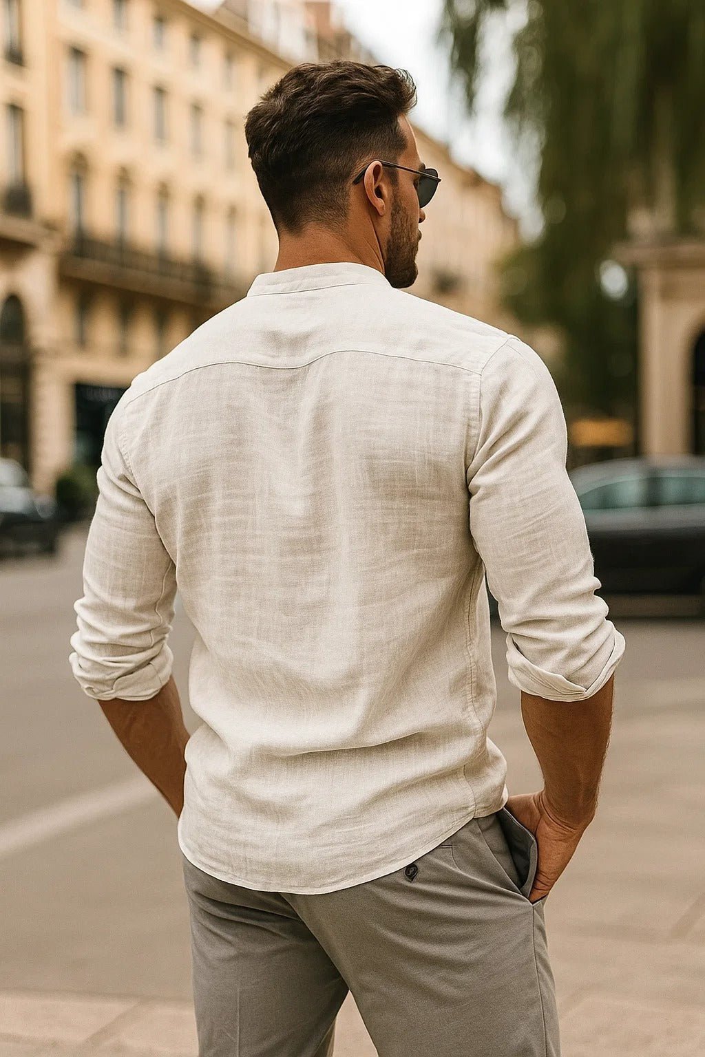 Men's Long Sleeve Grandad Collar Shirt with Button Placket