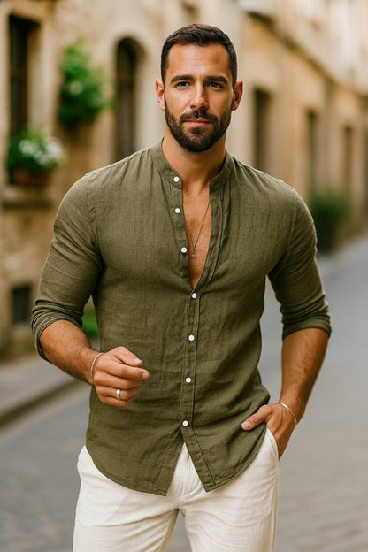 Men's Long Sleeve Grandad Collar Shirt with Button Placket