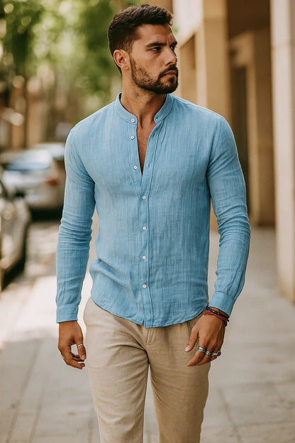 Men's Long Sleeve Grandad Collar Shirt with Button Placket