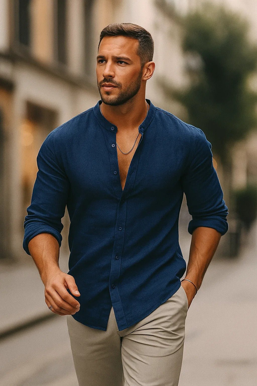 Men's Long Sleeve Grandad Collar Shirt with Button Placket