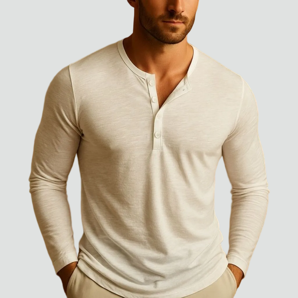 Men's Long Sleeve Henley Shirt with Button Neckline Slim Fit