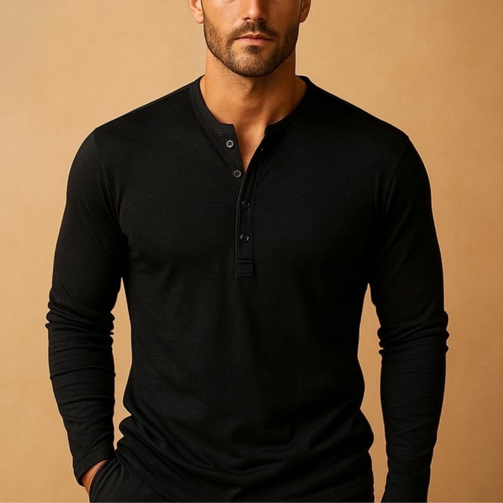 Men's Long Sleeve Henley Shirt with Button Neckline Slim Fit