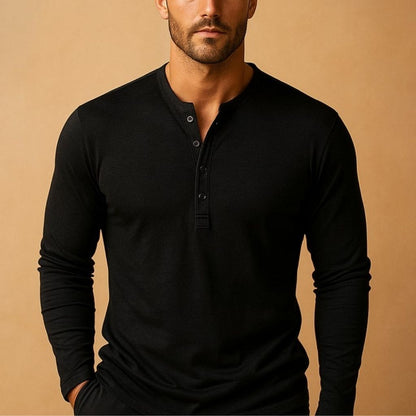 Men's Long Sleeve Henley Shirt with Button Neckline Slim Fit