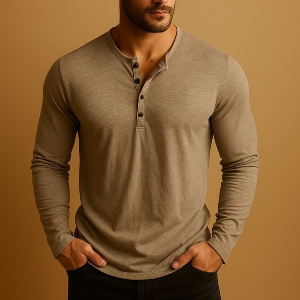Men's Long Sleeve Henley Shirt with Button Neckline Slim Fit