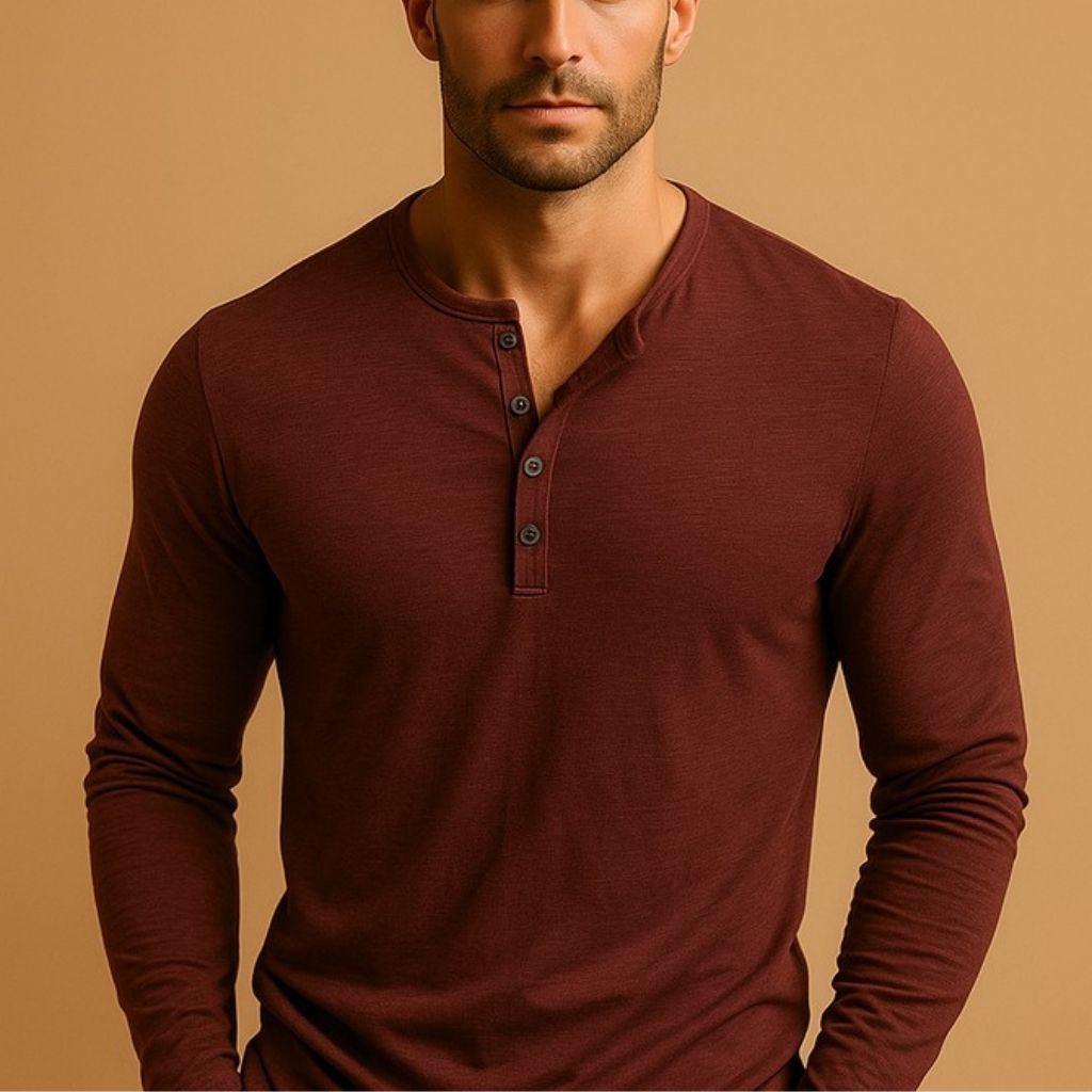 Men's Long Sleeve Henley Shirt with Button Neckline Slim Fit