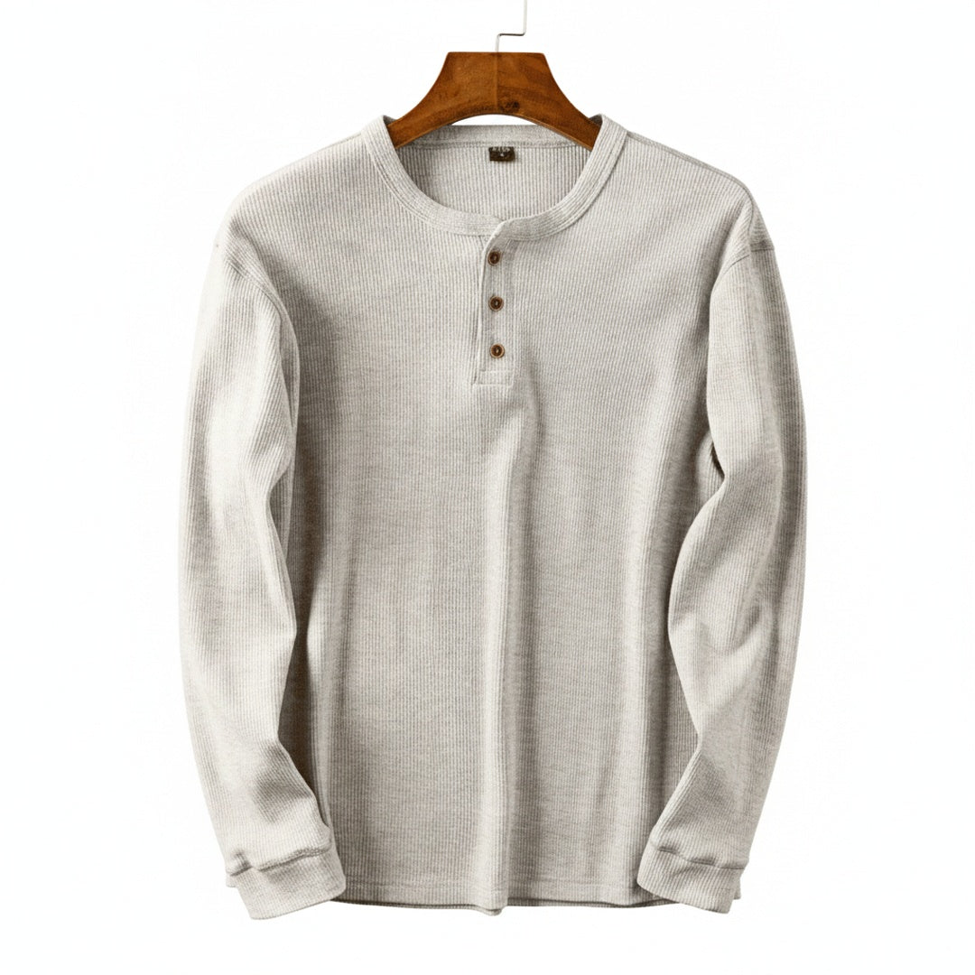 Men's Long Sleeve Henley Shirt with Button Placket and Ribbed Texture