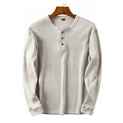 Men's Long Sleeve Henley Shirt with Button Placket and Ribbed Texture