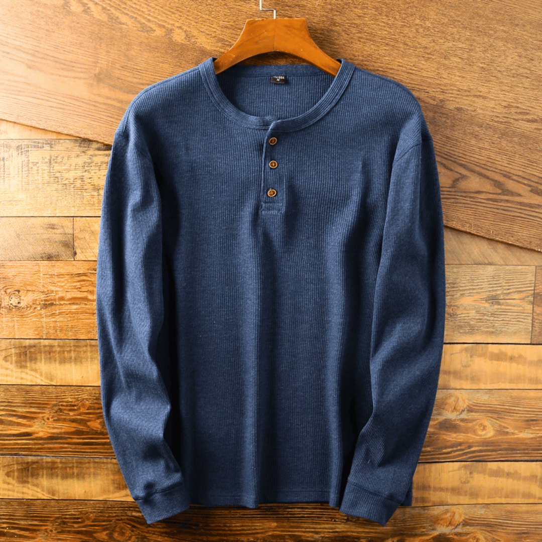 Men's Long Sleeve Henley Shirt with Button Placket and Ribbed Texture